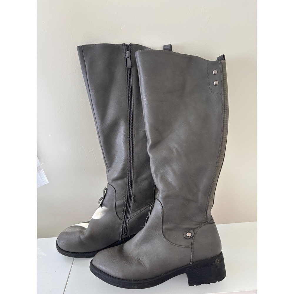 Gray Faux Leather Tall Riding Boots Knee High Side Zip Lug Sole Size 8.5